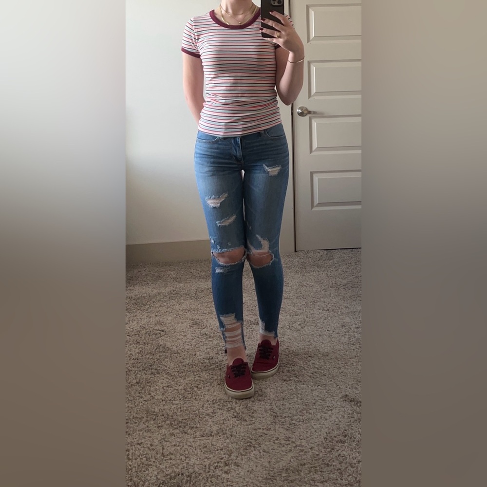 Arizona striped tee colorful t-shirt burgundy, red, mint, peach, and white top